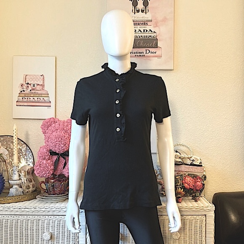 Tory Burch Cotton blend ruffled polo with gold buttons black color Size Medium